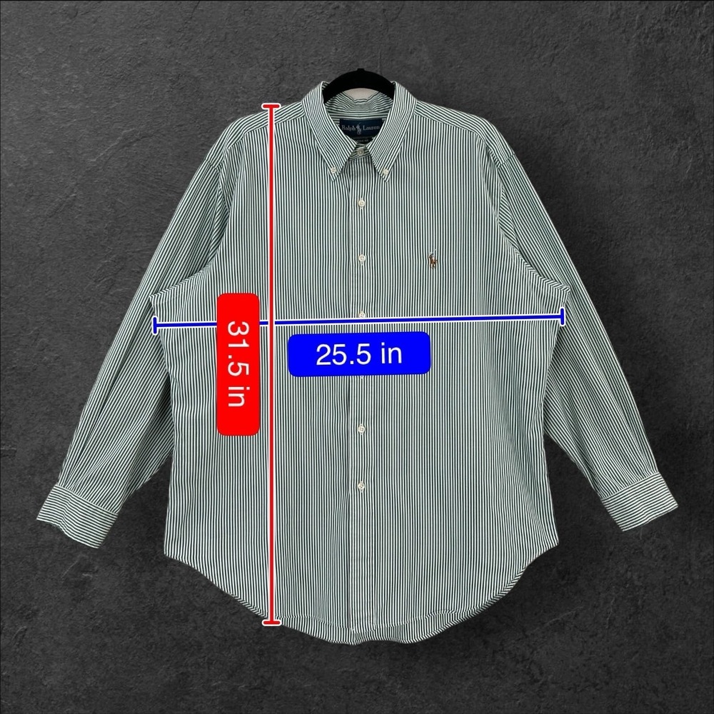 Ralph Lauren Shirt Mens 16.5 32/33 Green Striped Long Sl 100% Cotton Flesh Pony - Picture 7 of 7